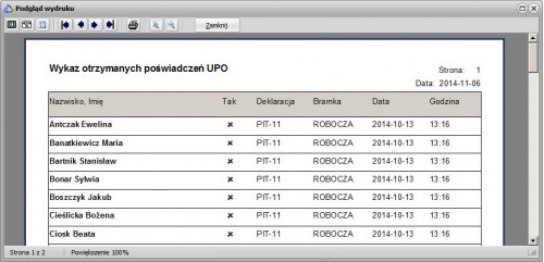 Wykaz otrzymanych UPO